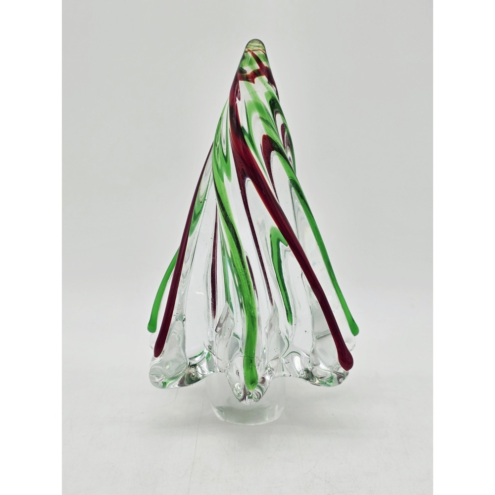 VTG Art Glass Murano Styled Twisted Red and Green Christmas Tree 7" X 4.25"